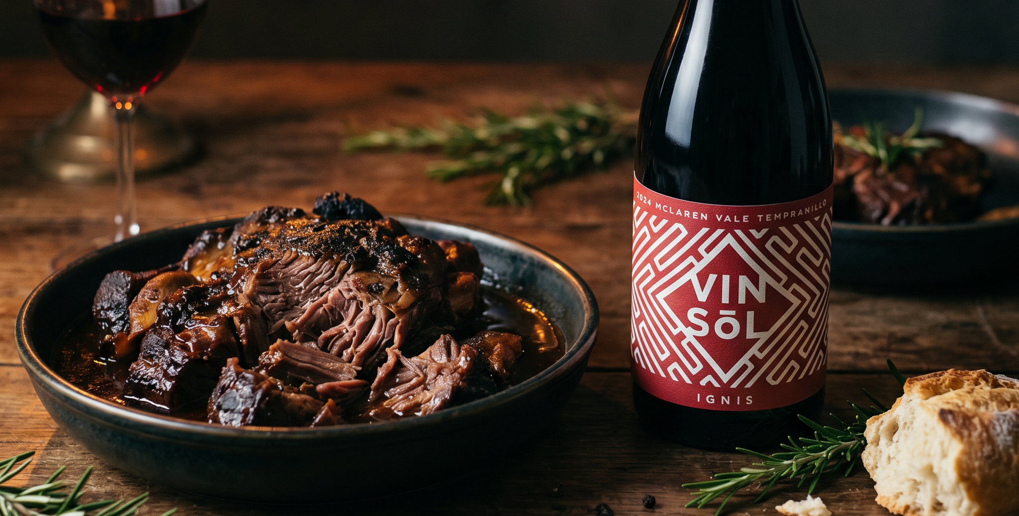Vin Sol Tempranillo and a plate of beef brisket